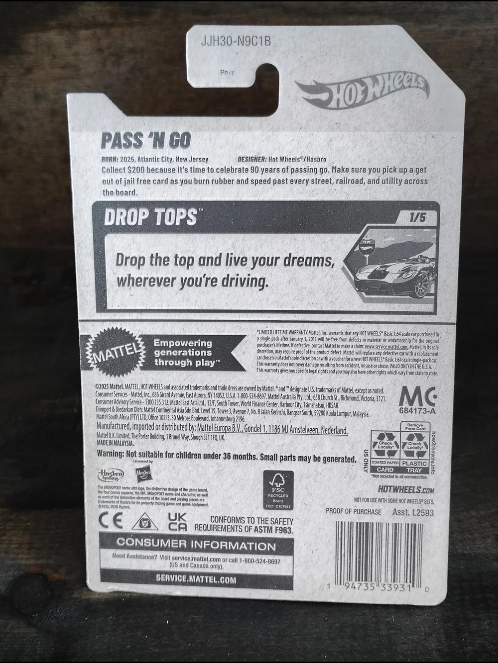 Hot Wheels 90 Years Monopoly Pass N Go Token Car - Picture 7 of 7